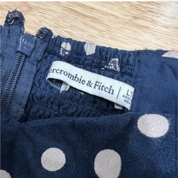 Abercrombie & Fitch Polka Dot Mini Dress Navy Linen Off the Shoulder Romantic - Picture 5 of 6